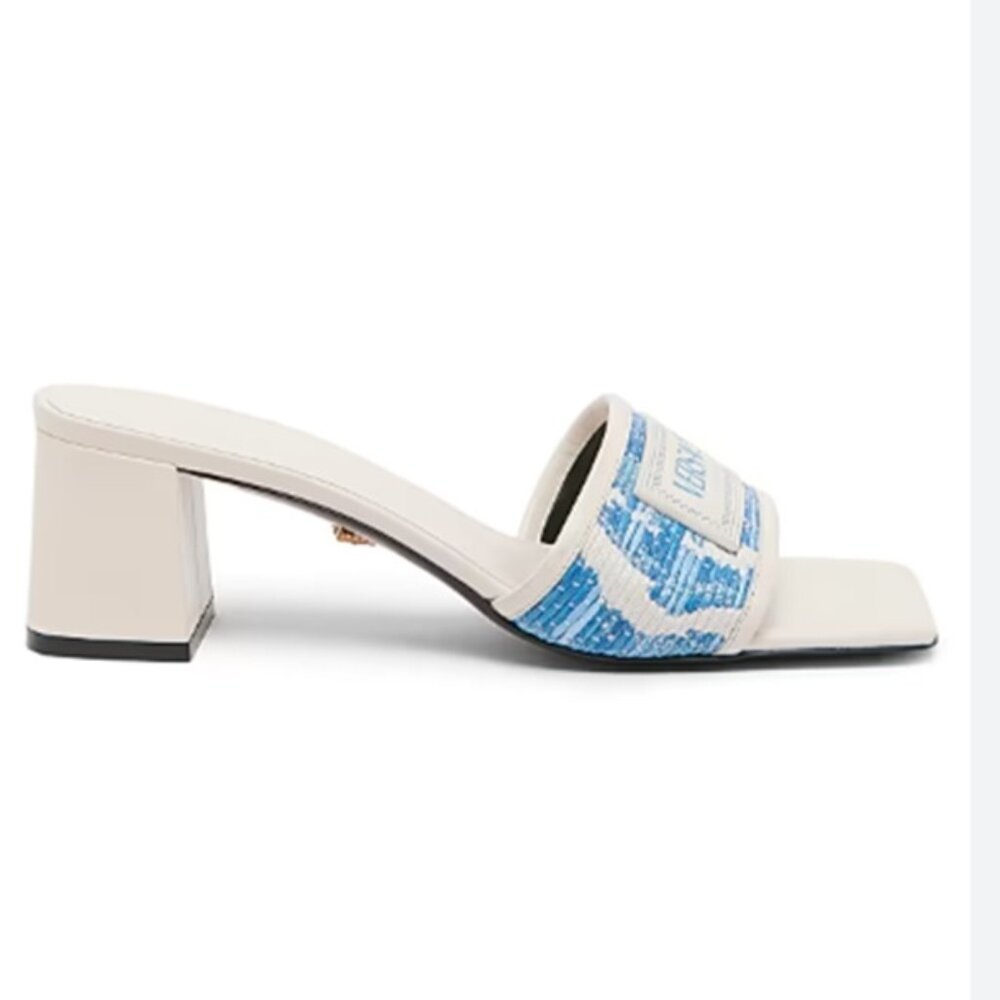 New Versace Athena Eggshell Bright Blue Gold Raffia Mules/Shoes 50MM